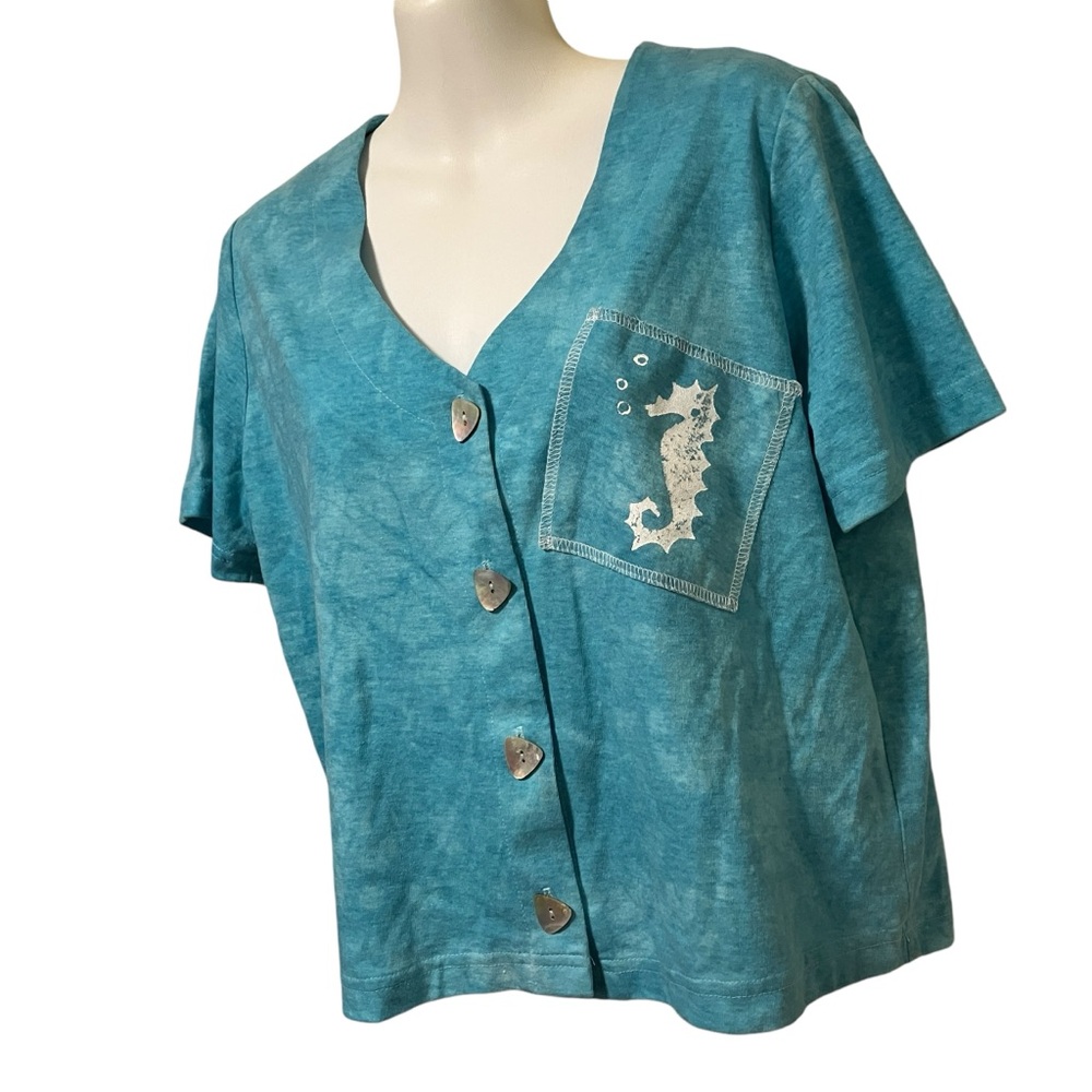 Vintage Copa Cabana Seahorse Patch Blue V-Neck Button Down Top